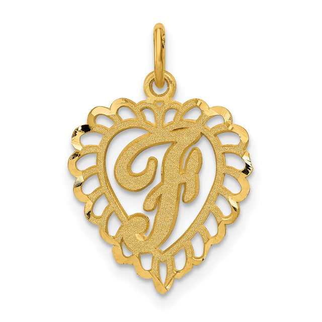10k Yellow Gold Heart Pendant with Script Letter J, Filigree Initial Charm