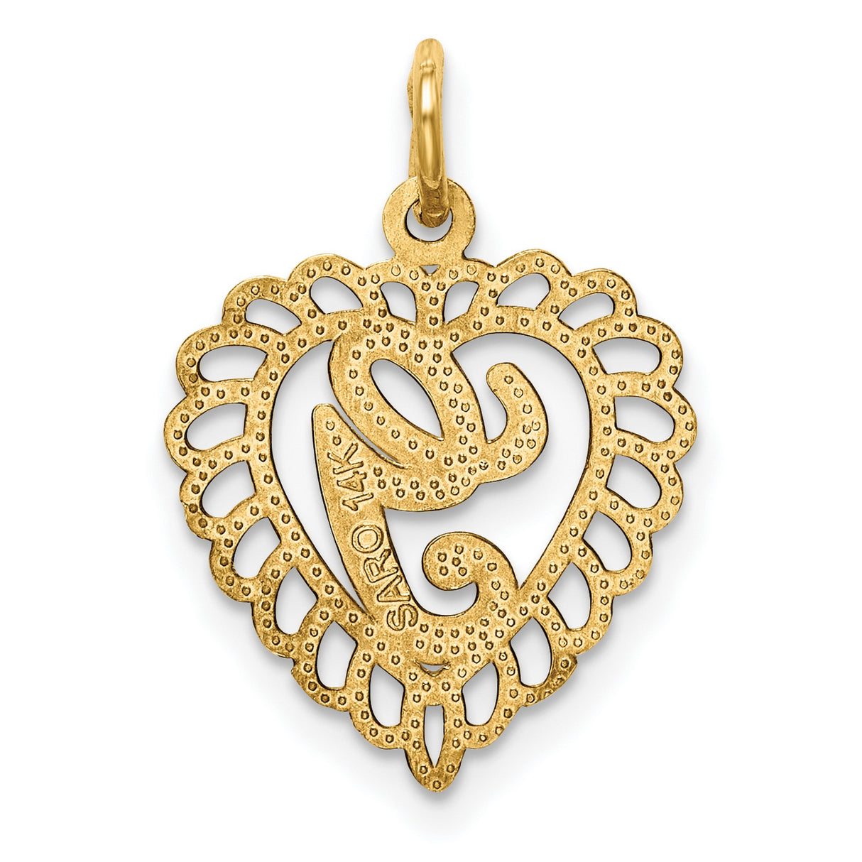 10k Yellow Gold Heart Pendant with Scripted Letter G and Lace Border Design