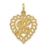 10k Yellow Gold Heart Pendant with Cursive Letter H, Scalloped Filigree Charm