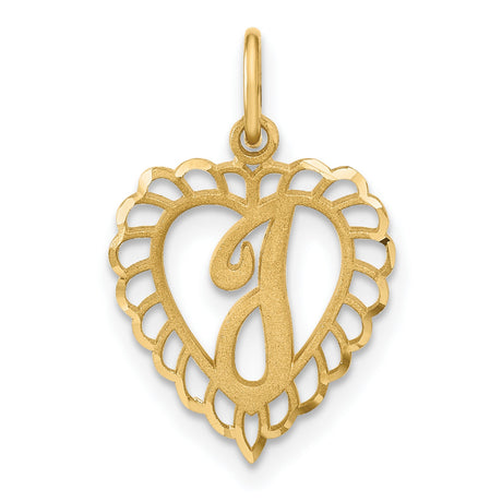 10k Yellow Gold Heart Pendant with Ornate Letter J and Scalloped Border