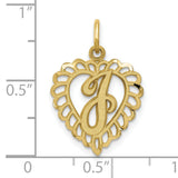 10k Yellow Gold Heart Pendant with Script Letter J, Ornate Cutout Initial Charm