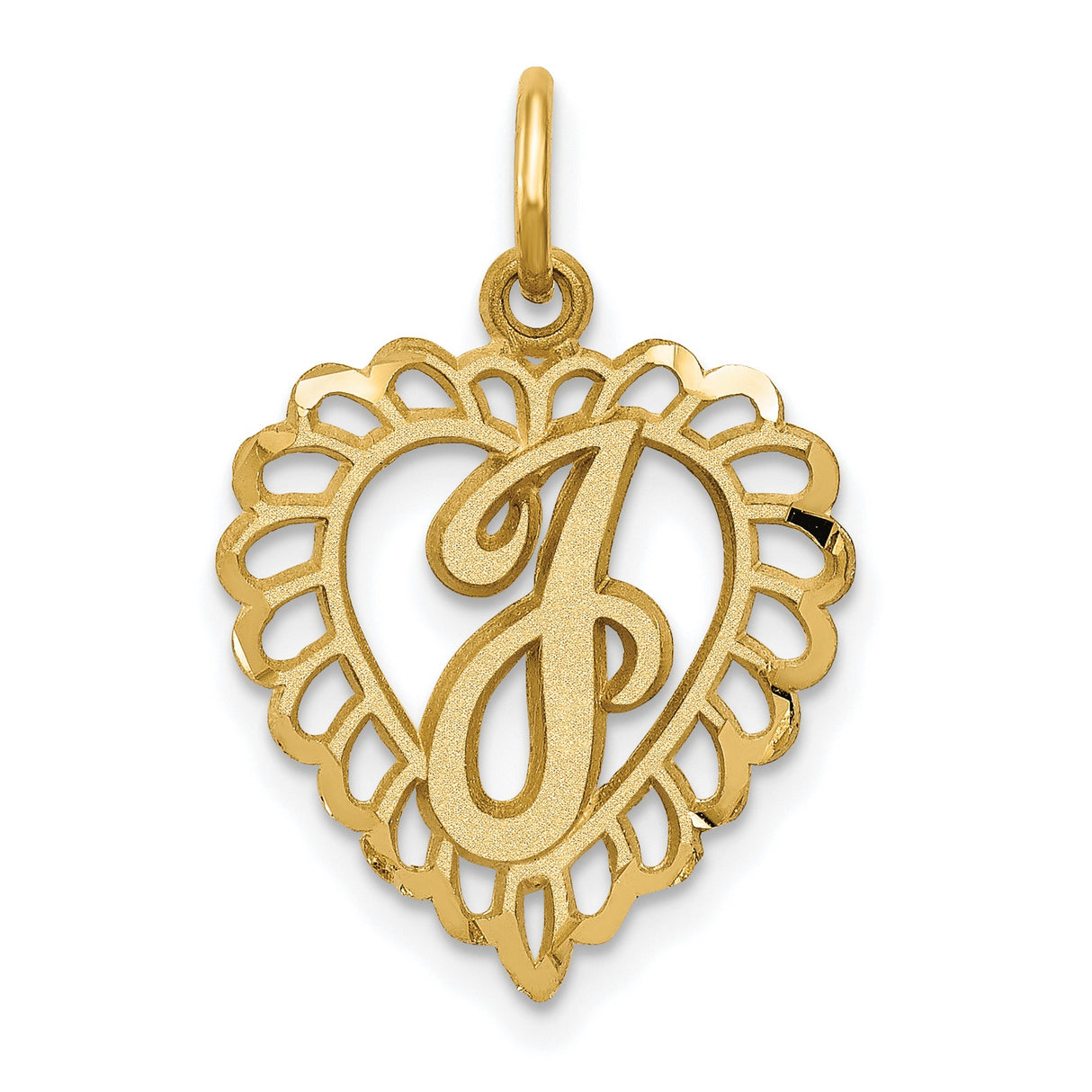 10k Yellow Gold Heart Pendant with Script Letter J, Ornate Cutout Initial Charm
