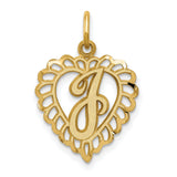 10k Yellow Gold Heart Pendant with Script Letter J, Ornate Cutout Initial Charm
