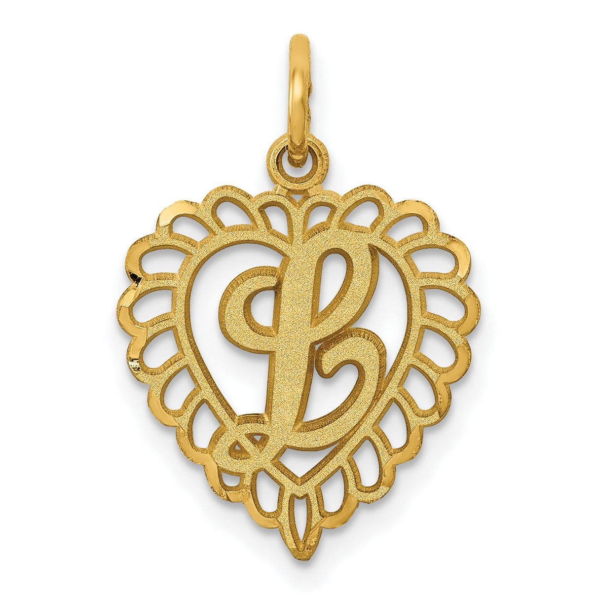 10k Yellow Gold Heart Pendant with Script Letter L, Openwork Lace Design
