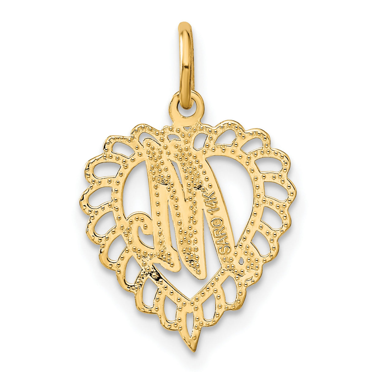 10k Yellow Gold Heart Pendant with Script Letter M, Scalloped Openwork Design