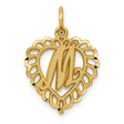10k Yellow Gold Heart Pendant with Script Letter M, Scalloped Openwork Design