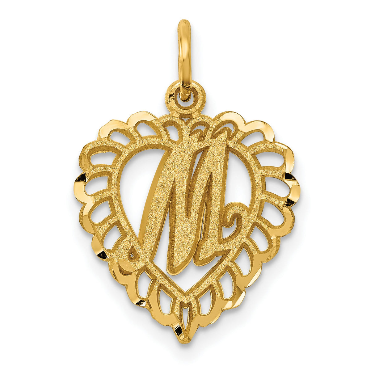 10k Yellow Gold Heart Pendant with Script Letter M, Scalloped Openwork Design