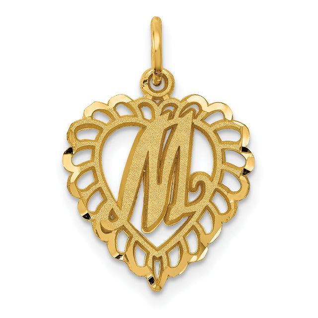 10k Yellow Gold Heart Pendant with Script Letter M, Scalloped Openwork Design