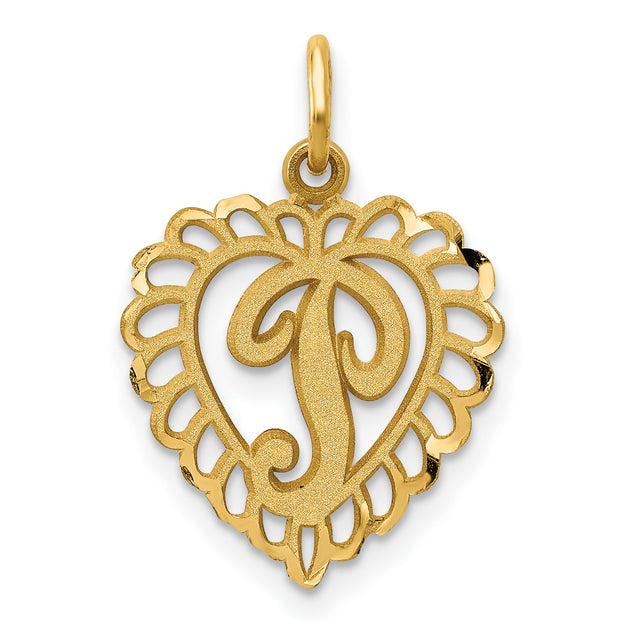 10k Yellow Gold Heart Pendant with Script Letter P, Scalloped Filigree Initial Charm