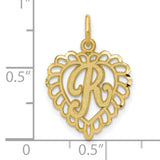 10k Yellow Gold Heart Pendant with Script R Initial, Filigree Lace Letter Charm