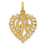 10k Yellow Gold Heart Pendant with Script R Initial, Filigree Lace Letter Charm