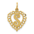 10k Yellow Gold Heart Pendant with Lace Border, Script S Monogram Charm