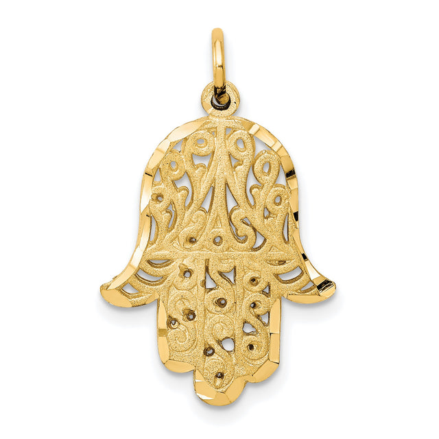 10k Yellow Gold Hamsa Hand Pendant with Filigree Detailing, Spiritual Protection Jewelry