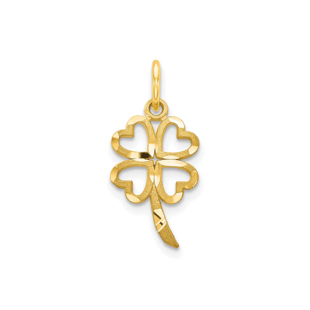 10k Yellow Gold Four-Leaf Clover Pendant with Heart Shaped Leaves, Unisex Lucky Charm