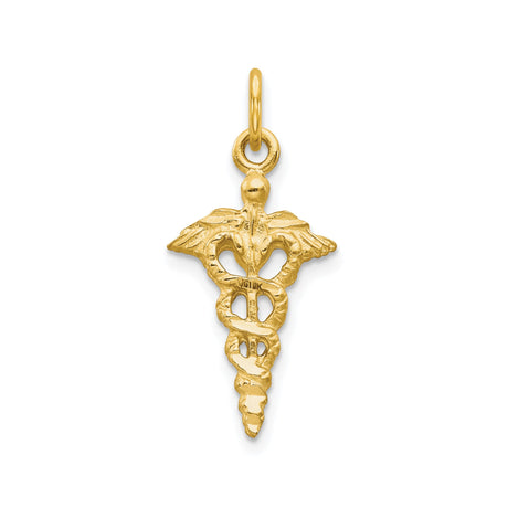 10k Yellow Gold Caduceus Pendant with Wings and Two Serpents, Medical Symbol Charm