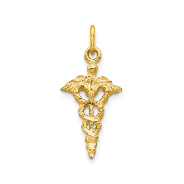 10k Yellow Gold Caduceus Pendant with Wings and Two Serpents, Medical Symbol Charm