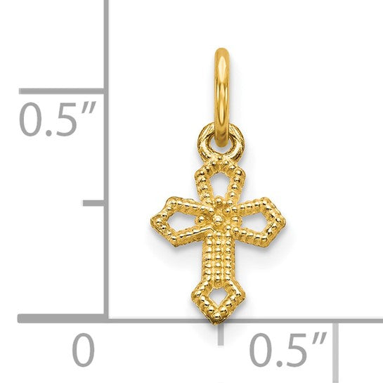 10k Yellow Gold Cross Pendant Charm with Beaded Texture and Cutout Detail