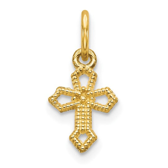 10k Yellow Gold Cross Pendant Charm with Beaded Texture and Cutout Detail