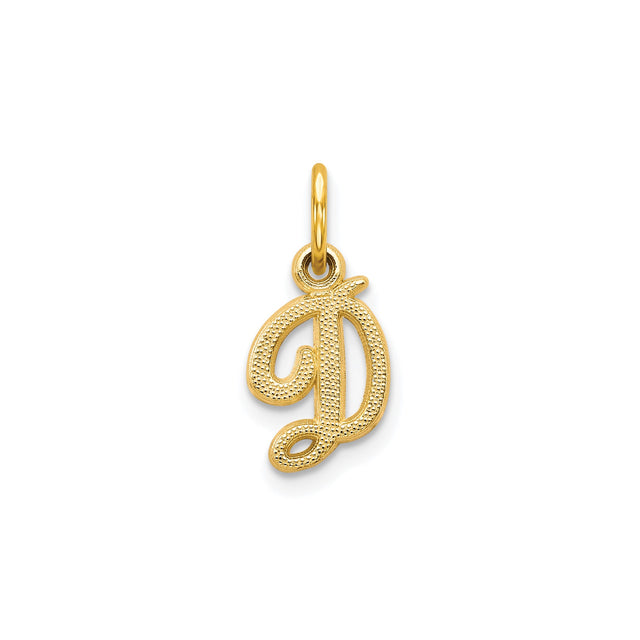 10k Yellow Gold Pendant, Script Initial D Letter Charm, Textured Cursive Monogram Style