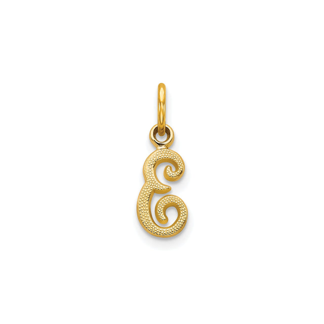 10k Yellow Gold Script Letter E Pendant, Curved Textured Alphabet Charm for Women