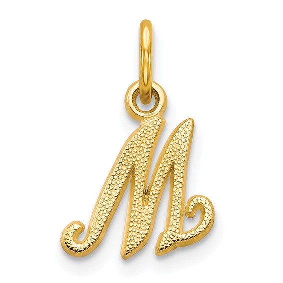 10k Yellow Gold Initial M Pendant Charm, Script Letter Monogram with Textured Design