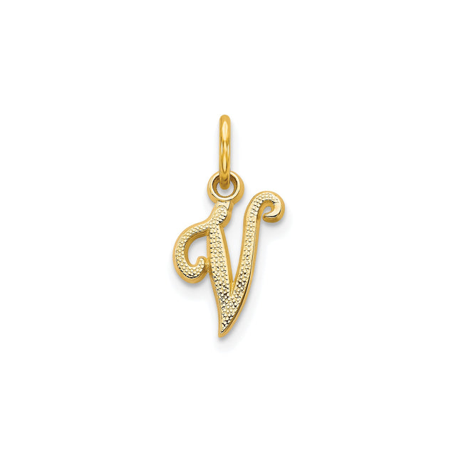 10k Yellow Gold Initial V Pendant Charm, Textured Script Letter Design for Women or Unisex