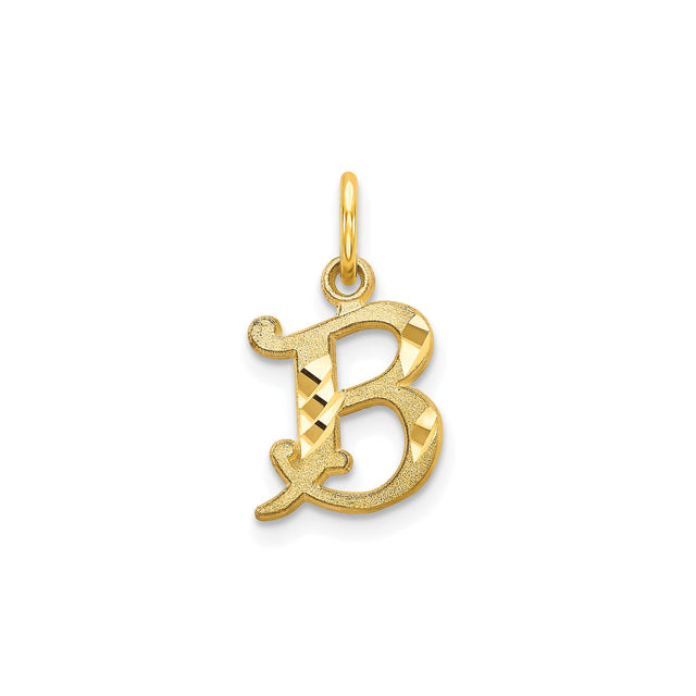 10k Yellow Gold Script Letter B Pendant Charm, Textured and Polished Alphabet Jewelry