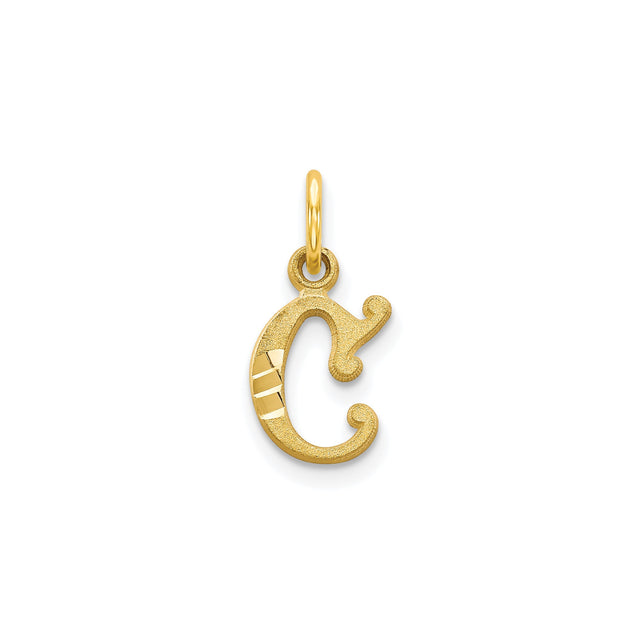10k Yellow Gold Script Letter C Pendant with Textured Finish and Polished Accents