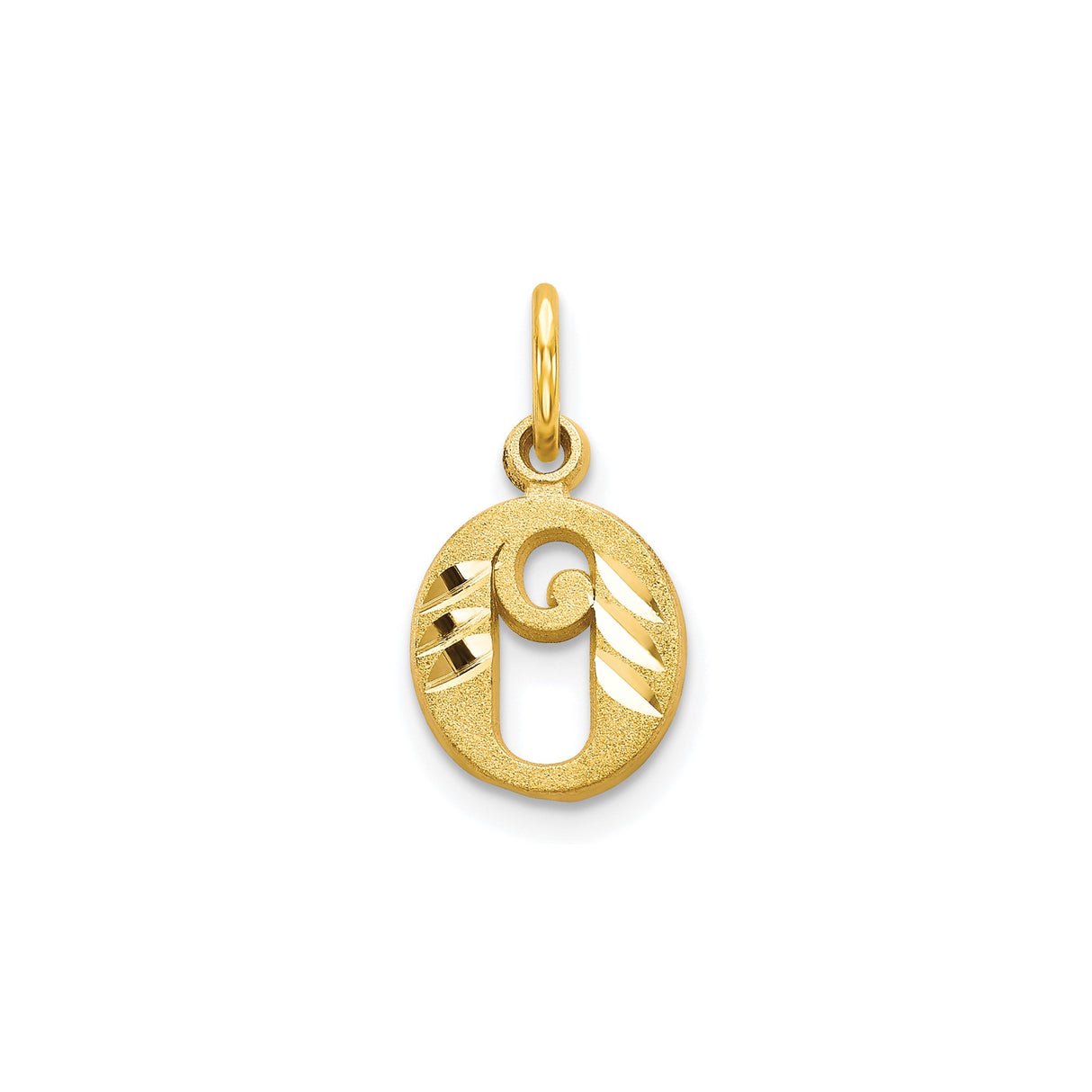 10k Yellow Gold Letter O Pendant Charm, Script Initial with Swirl Cutout and Textured Finish