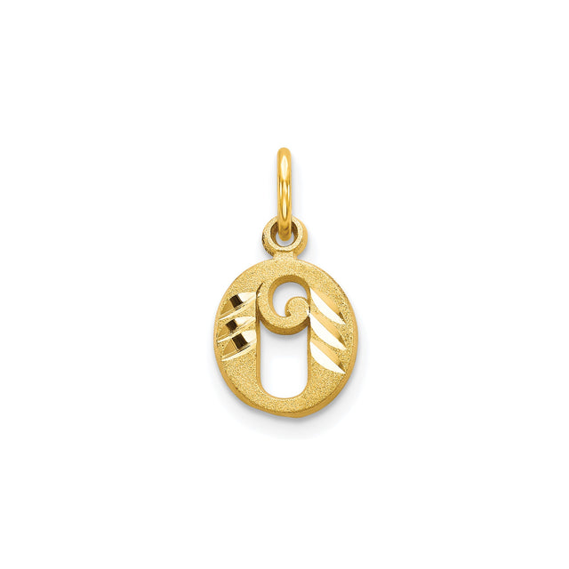 10k Yellow Gold Letter O Pendant Charm, Script Initial with Swirl Cutout and Textured Finish