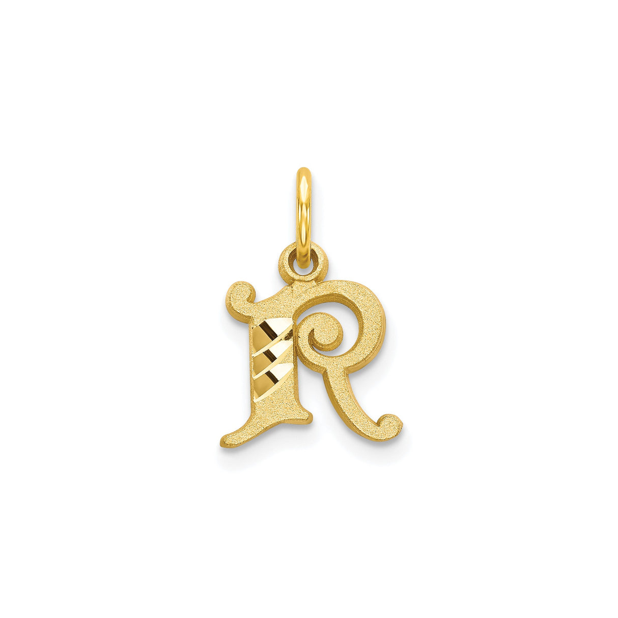 10k Yellow Gold Letter R Pendant, Textured and Polished Initial Charm, Unisex Monogram Jewelry
