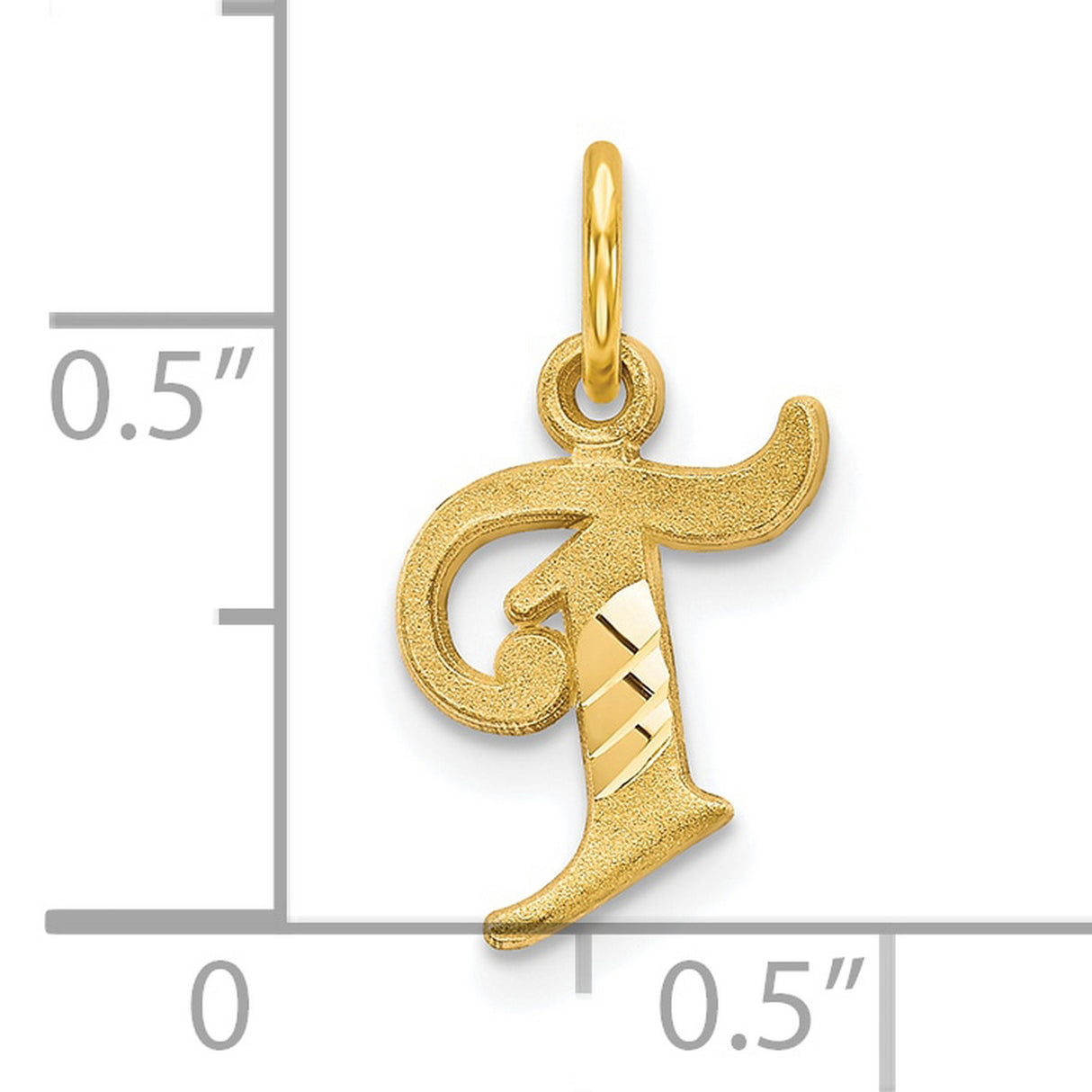 10k Yellow Gold Initial T Pendant, Cursive Script Letter Charm with Polished Textured Finish