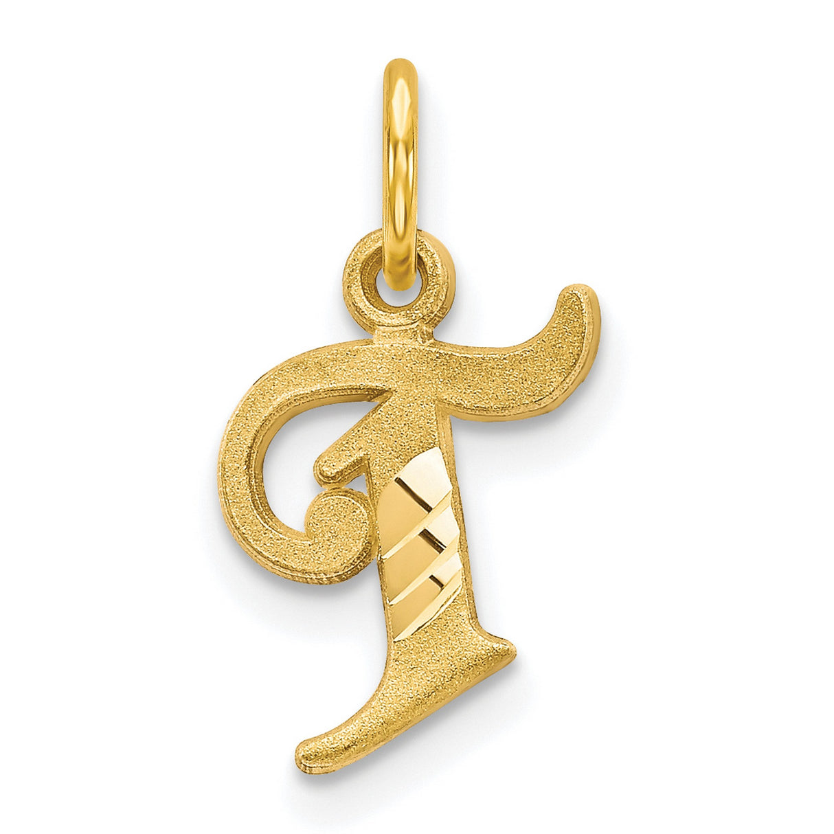 10k Yellow Gold Initial T Pendant, Cursive Script Letter Charm with Polished Textured Finish