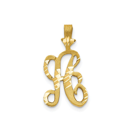 10k Yellow Gold Script Initial R Pendant, Textured and Polished Letter Charm with Diamond Cut Detailing