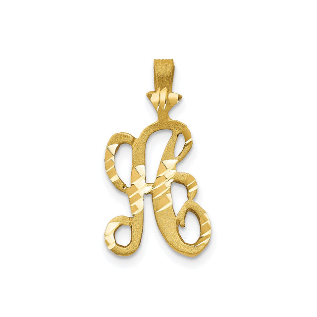 10k Yellow Gold Script Initial R Pendant, Textured and Polished Letter Charm with Diamond Cut Detailing