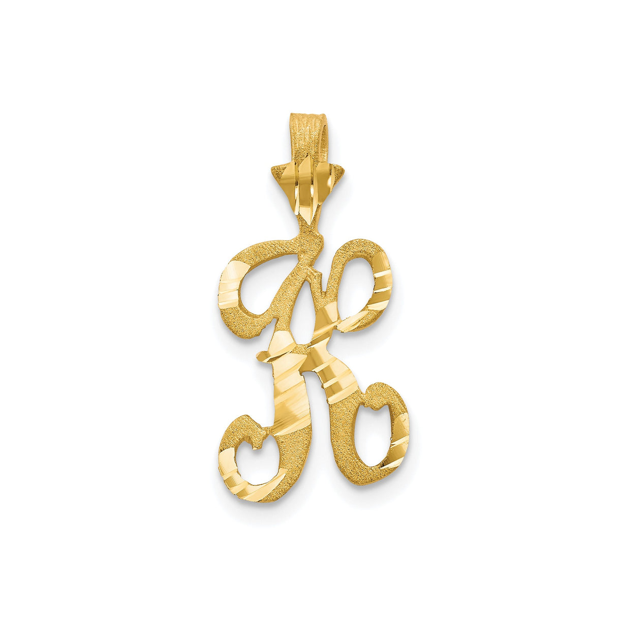 10k Yellow Gold Script R Pendant, Textured and Polished Initial Charm for Women