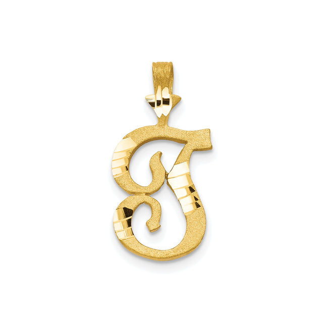 10k Yellow Gold Letter J Pendant, Polished and Textured Script Initial Charm for Women