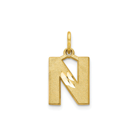 10k Yellow Gold Initial N Pendant, Textured Letter Charm with Polished Accents, Unisex Monogram Jewelry