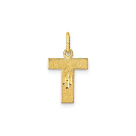 10k Yellow Gold Tau Cross Pendant with Polished Leaf Engraving, Unisex Christian Jewelry