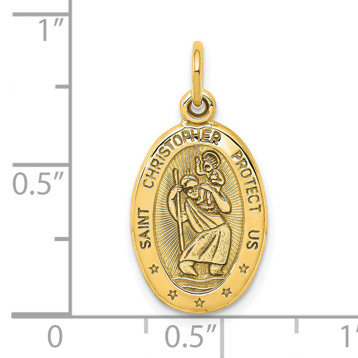 Solid Oval Three Star Saint Christopher Protect Us Words Charm Pendant in Real 10k Yellow Gold