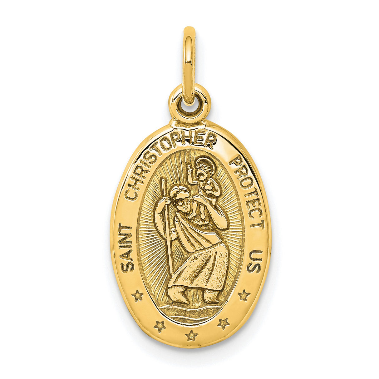 Solid Oval Three Star Saint Christopher Protect Us Words Charm Pendant in Real 10k Yellow Gold