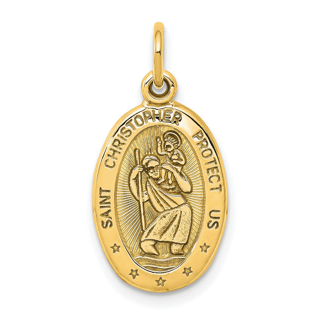 Solid Oval Three Star Saint Christopher Protect Us Words Charm Pendant in Real 10k Yellow Gold