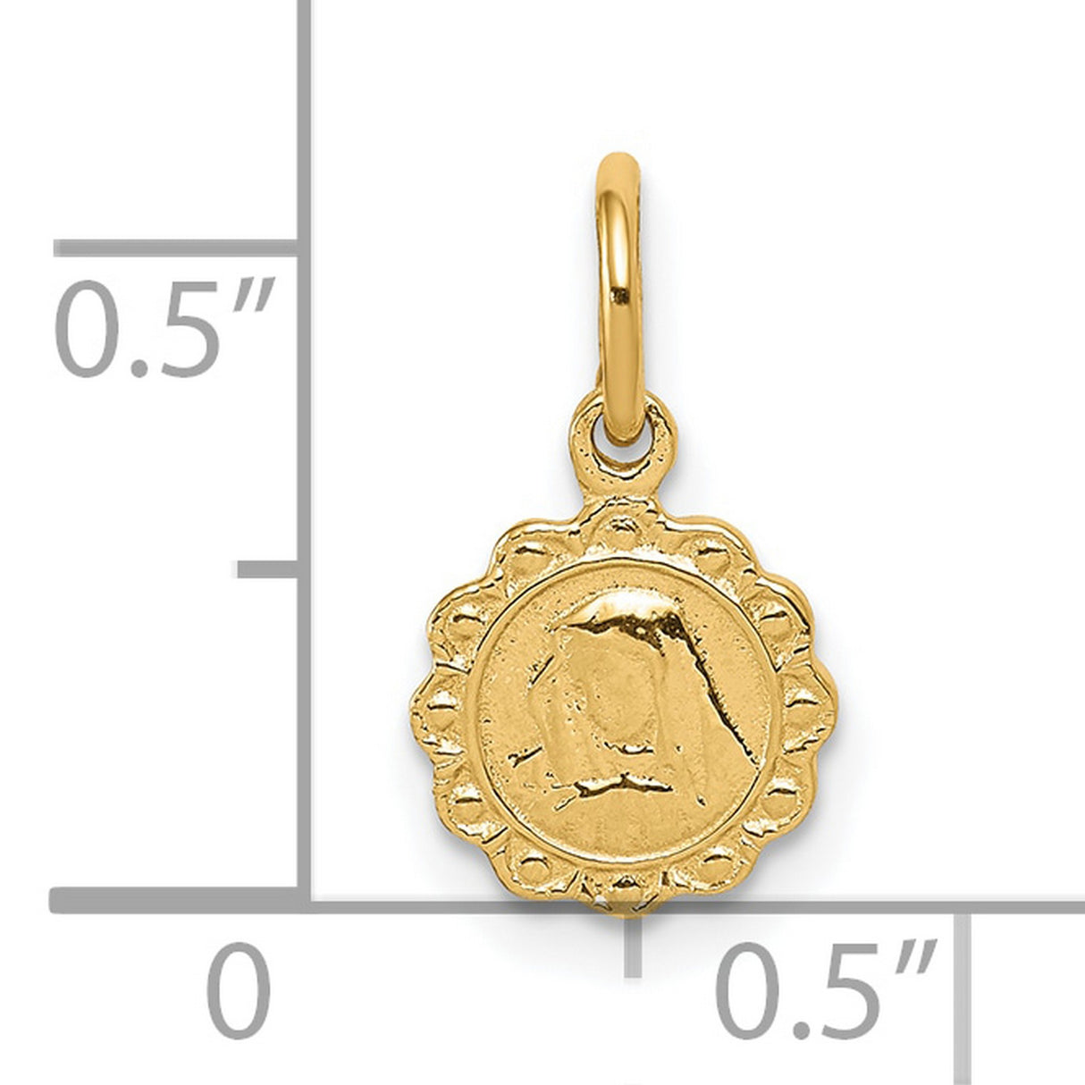 10k Yellow Gold Virgin Mary Medal Pendant with Scalloped Edge and Textured Engraving