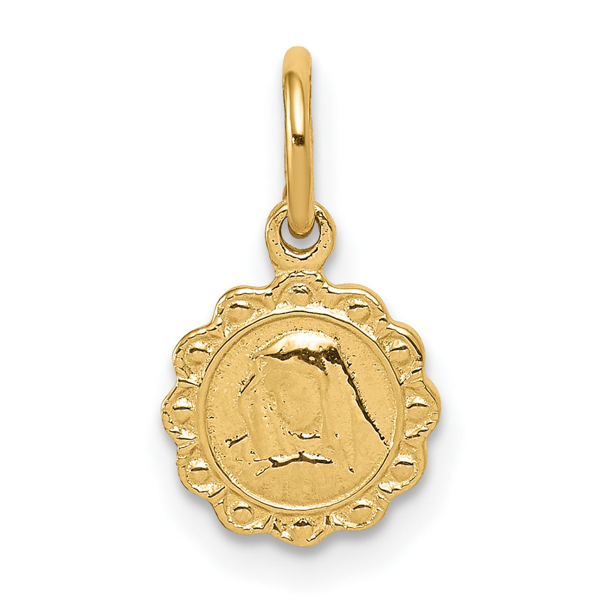 10k Yellow Gold Virgin Mary Medal Pendant with Scalloped Edge and Textured Engraving