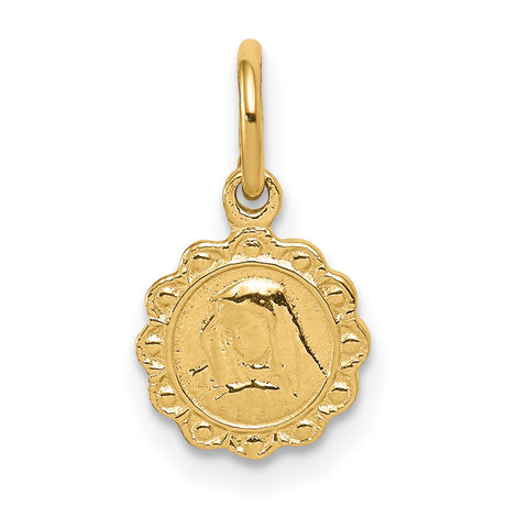 10k Yellow Gold Virgin Mary Medal Pendant with Scalloped Edge and Textured Engraving
