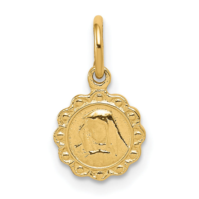 10k Yellow Gold Virgin Mary Medal Pendant with Scalloped Edge and Textured Engraving