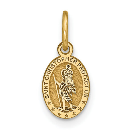 Polished Oval Five Star Saint Christopher Protect Us Words Charm Pendant in Real 10k Yellow Gold