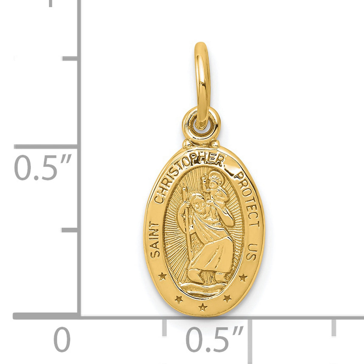 Solid Oval Five Star Saint Christopher Protect Us Words Charm Pendant in Real 10k Yellow Gold