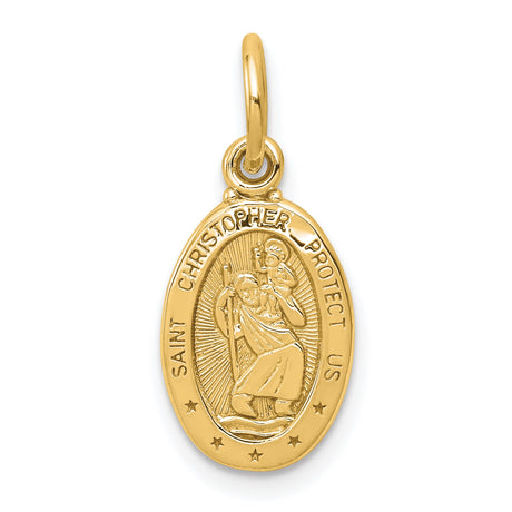 Solid Oval Five Star Saint Christopher Protect Us Words Charm Pendant in Real 10k Yellow Gold