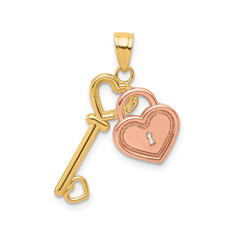 10k Two-Tone Gold Heart Key and Lock Pendant, Romantic Relationship Symbol Jewelry
